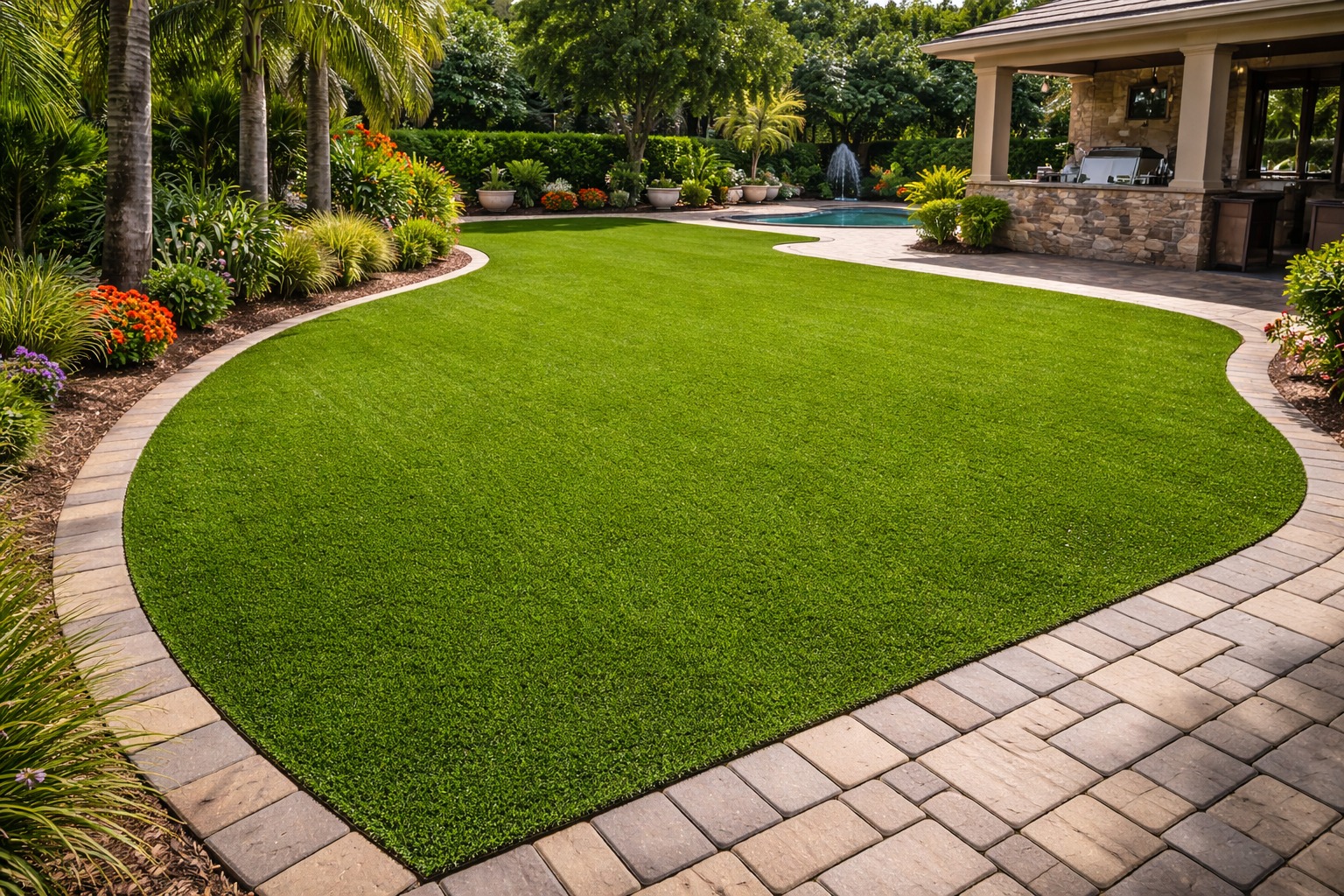 Diamond-pattern luxury turf inlaid between pavers beside a pool, by Marblu